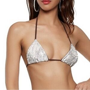 Daisy Swim Sexy Black Rhinestone Sparkly String Triangle Bikini Top Size Large